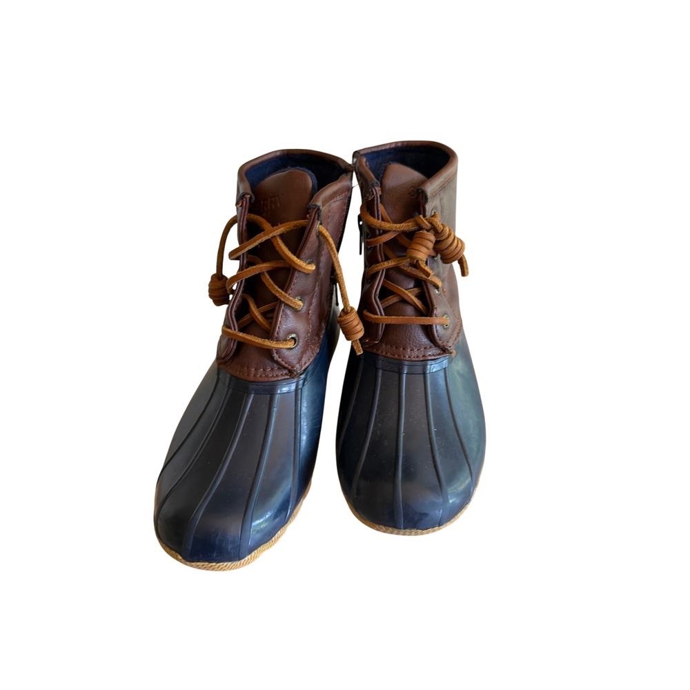 Sperry Duck Boots Navy Brown Saltwater Leather Waterproof Side Zip Girls Size 1